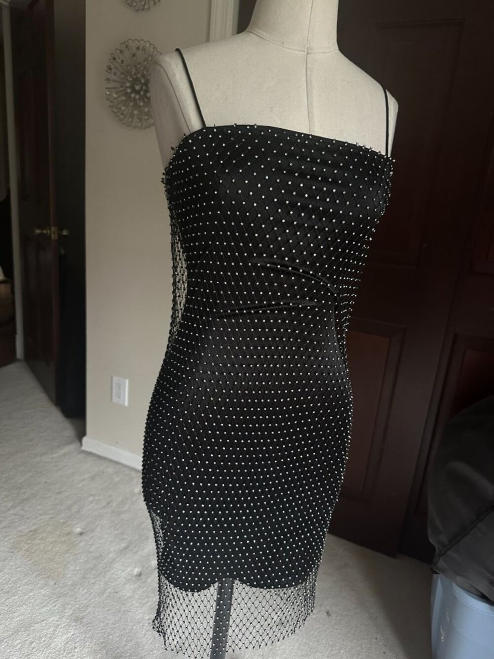 Bear Dance black party cocktail dress covered in rhinestone net over black dress